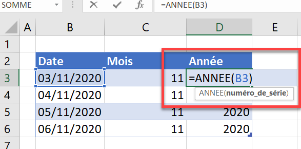 vba extraire annee concerne
