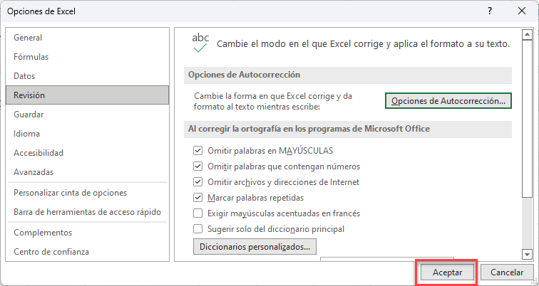 Aceptar Ajustes de Opciones de Autocorrección