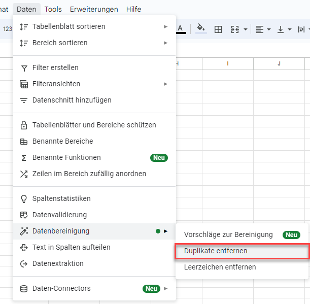 Ausgewaehlte Duplikate in Google Sheets entfernen