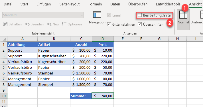 Bearbeitungsleiste in Excel ausblenden