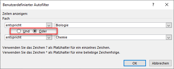 Benutzerdefinierter Textfilter mit ODER Logik