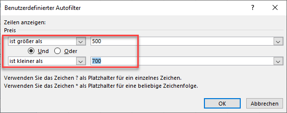 Benutzerdefinierter Zahlenfilter mit UND Logik