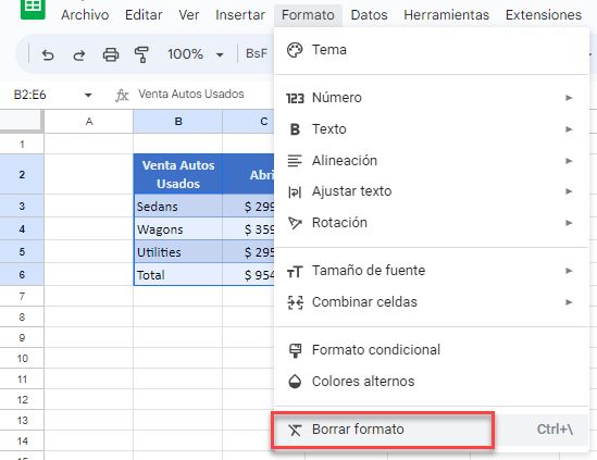 Borrar Formato en Google Sheets