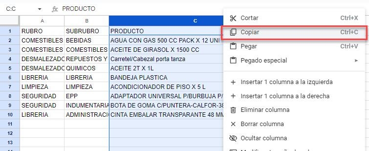 Copiar Columna Entera en Google Sheets