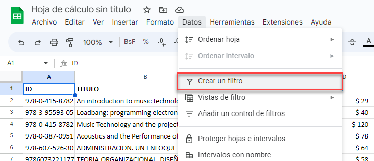 Crear Filtro en Google Sheets