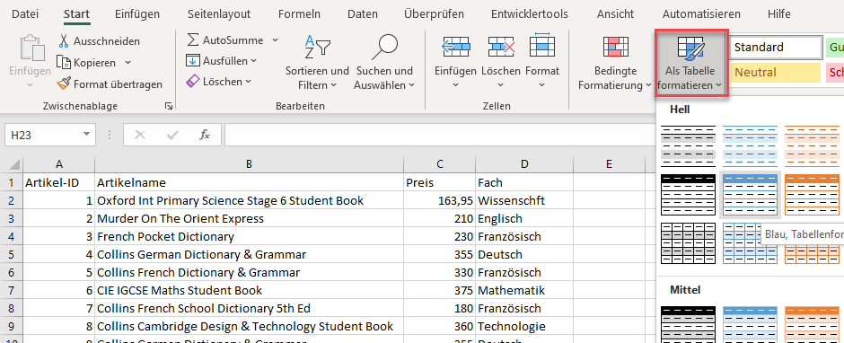 Daten als Tabelle in Excel formatieren
