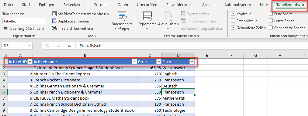 Daten als Tabelle in Excel formatiert