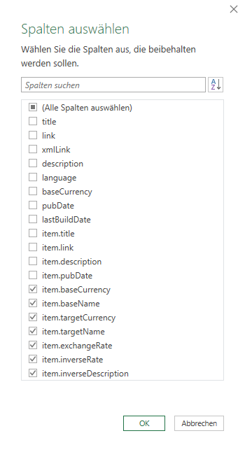 Daten in Excel aus XML Datei Spalten auswaehlen