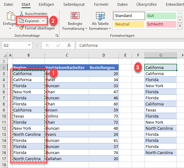 Daten mit Duplikaten in Excel kopieren
