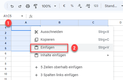 Datensatz mit Spaltenbreiten in Google Sheets einfuegen