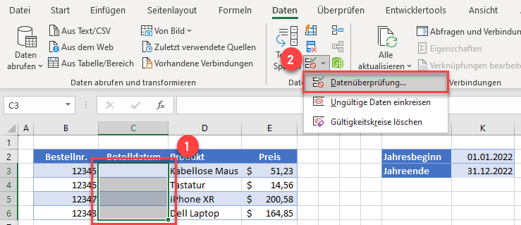 Datenueberpruefung von Datumswerten oeffnen