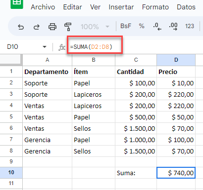 Datos Ejemplo Ocultar Fórmula en Google Sheets