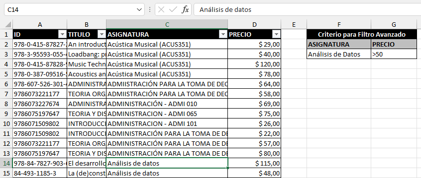 Datos para Filtro Avanzado