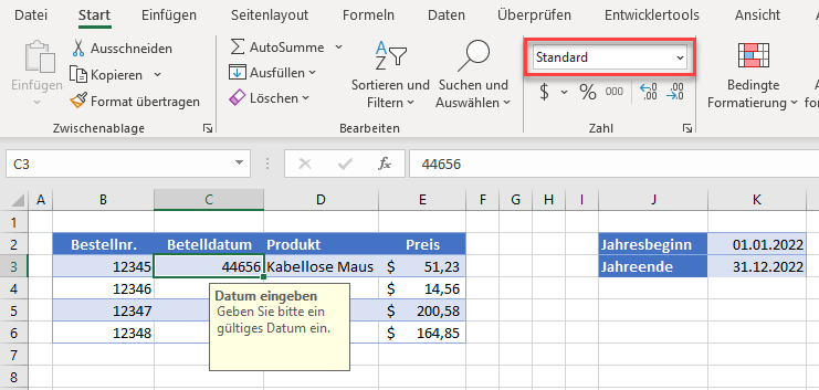 Datumsangabe als Seriennummer in Excel anzeigen