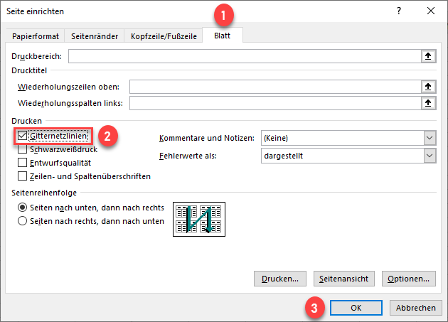 Druckseite in Excel einrichten Gitternetzlinien aktivieren