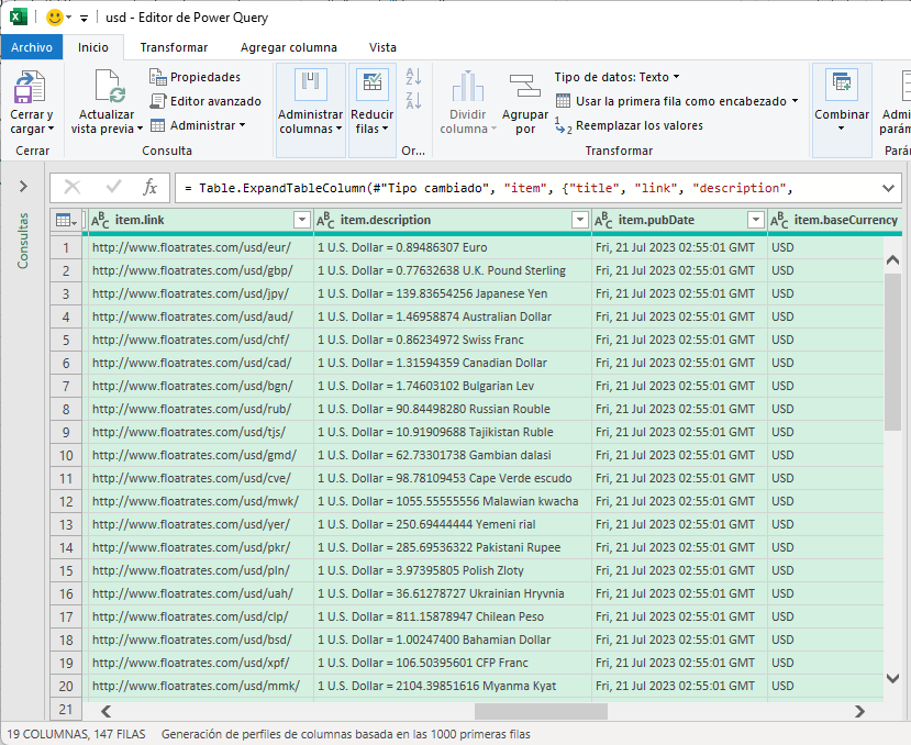 Editor de Power Query Muestra de Tabla