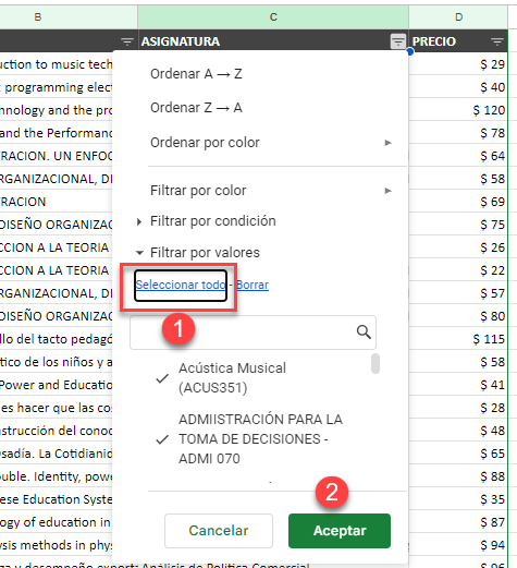 Eliminar Todos los Filtros de la Columna en Google Sheets