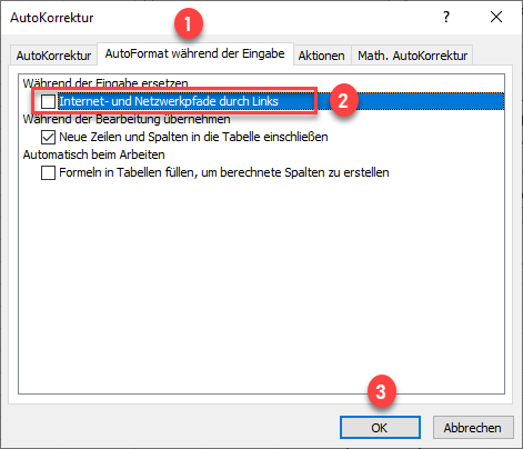 Excel Datei AutoKorrektur Optionen automatische Hyperlinks deaktivieren