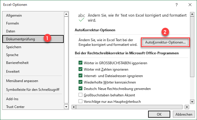 Excel Datei AutoKorrektur Optionen oeffnen