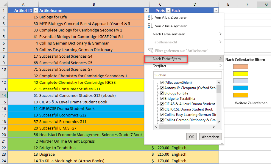 Farbfilter Optionen in Excel