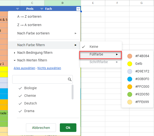 Farbfilter Optionen in Google Sheets