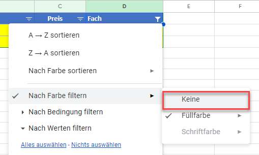 Farbfilter in Google Sheets zuruecksetzen