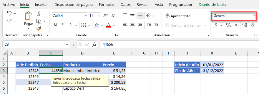 Fechas como Números de Serie Formato General