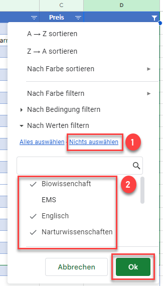 Filter nach Werten in Google Sheets