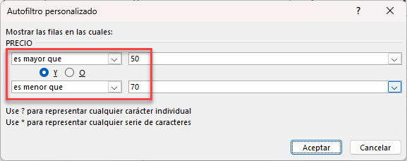 Filtrar Números Mayor Que 50 Menor Que 70