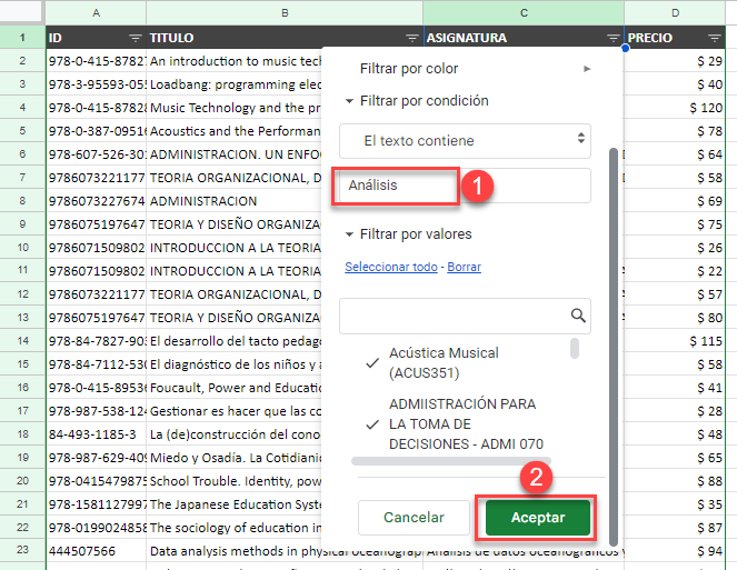 Filtrar Valores que Contienen el texto en Google Sheets