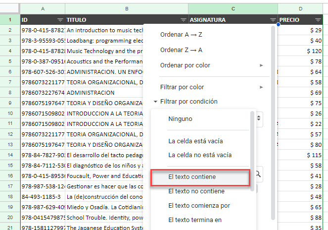 Filtrar por El Texto Contiene en Google Sheets