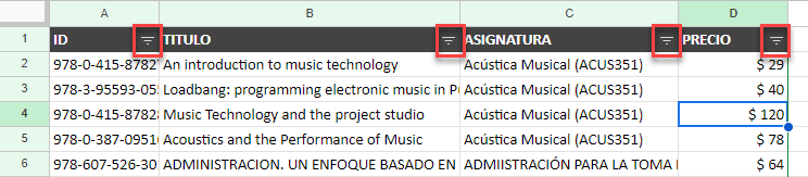 Filtros Habilitados en Google Sheets