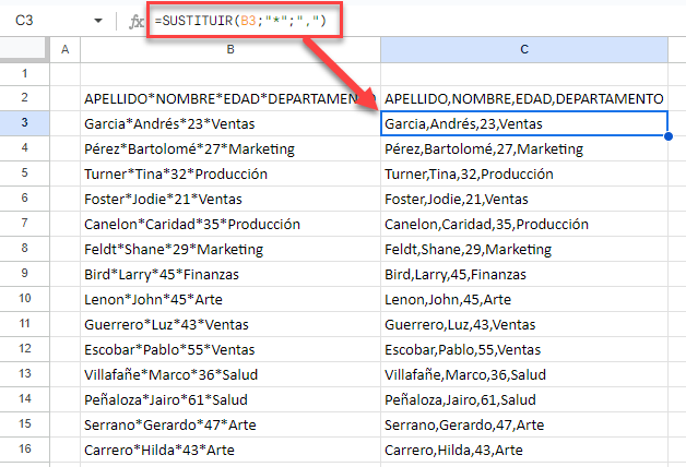 Función SUSTITUIR en Google Sheets