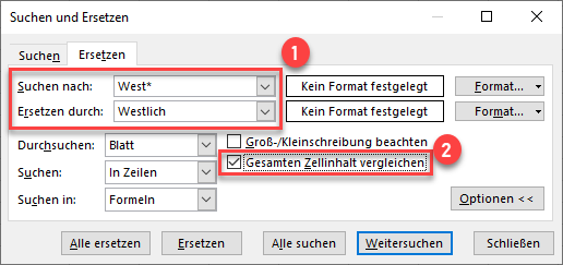 Funktion Suchen und Ersetzen Optionen