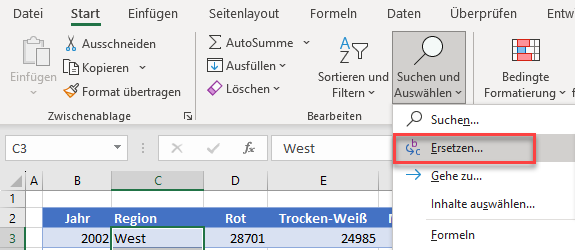 Funktion Suchen und Ersetzen in Excel