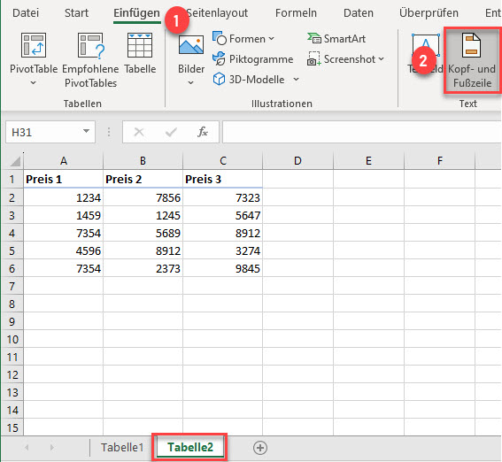 Fusszeile in Excel bearbeiten