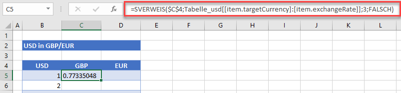 GBP Wechselkurs in Excel mit SVERWEIS ermitteln