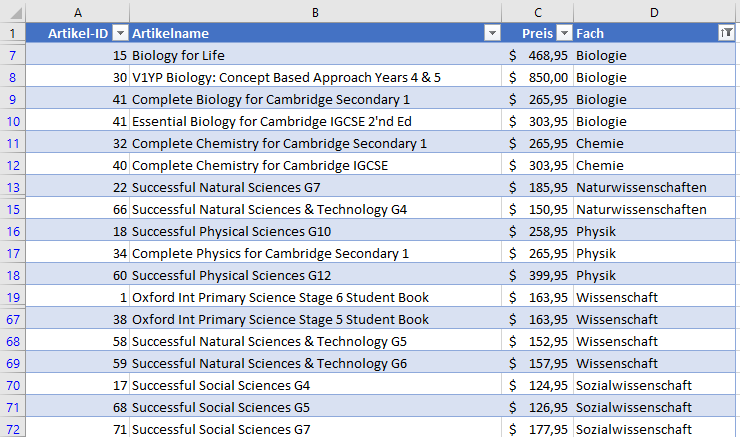 Gefiterte Daten in Excel aufsteigend sortiert
