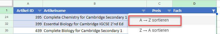 Gefiterte Zeilen in Google Sheets aufteigend sortieren