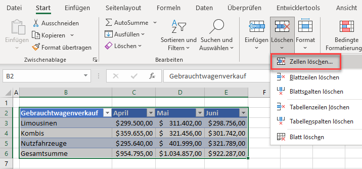 Gesamte Tabelle in Excel loeschen