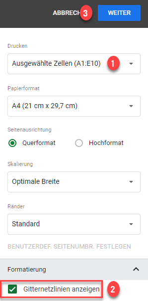 Gitternetzlinien in Google Sheets Druckeinstellungen aktivieren