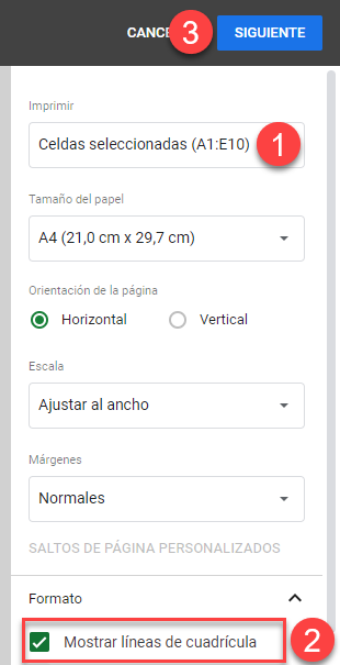 Impresión Mostrar Líneas de Cuadrícula en Google Sheet