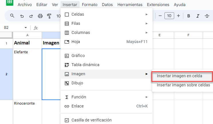 Insertar Imagen en Celda en Google Sheets