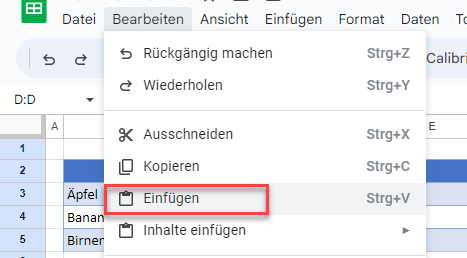 Kopierte Zellen in Google Sheets einfuegen