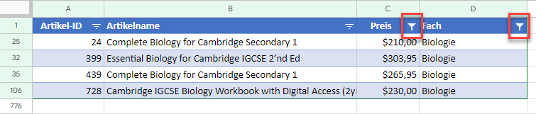 Mehrere Filter in Google Sheets anwenden