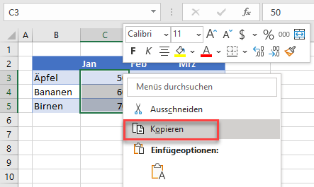 Mehrere Zellen in Excel kopieren