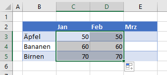 Mehrere Zellen in Excel mit Fuellgriff kopiert