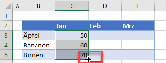 Mehrere Zellen in Excel mit Fuellgriff