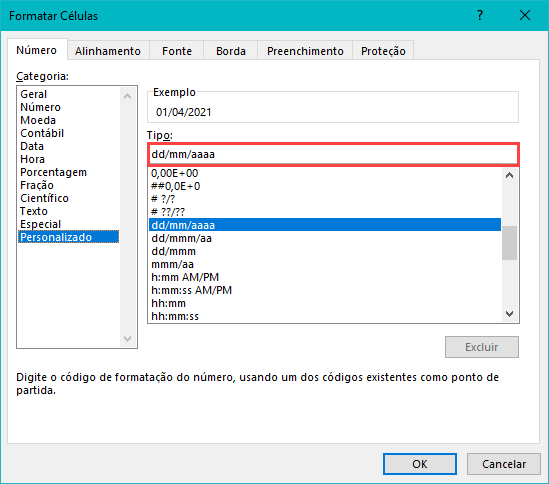 Menu de Formatacao de celulas