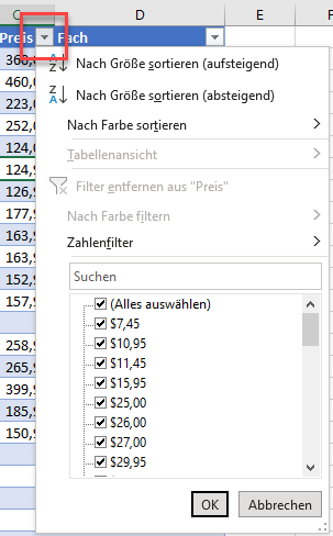 Nach Zahlenwerten in Excel filtern